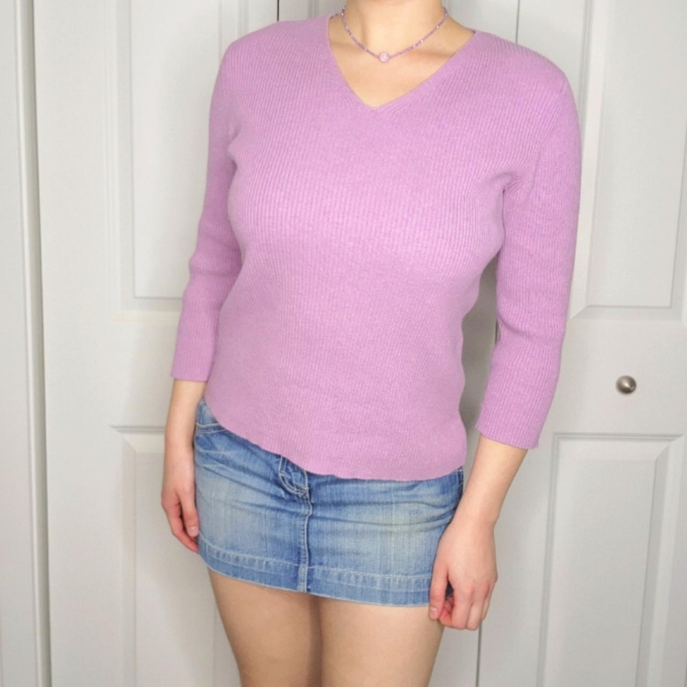 Cherokee Lavender Ribbed V-neck Knit Sweater Top w/ Quarter Sleeves